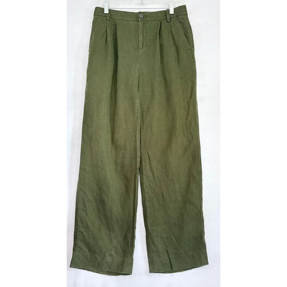 Banana Republic Womens Olive Green‎ Linen Wide Leg Pleated Trousers Pants Size 2